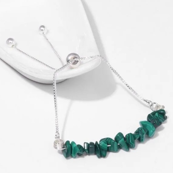Green Irregular Natural Stone Malachite Silver Adjustable Slider Bracelet - Picture 5 of 7